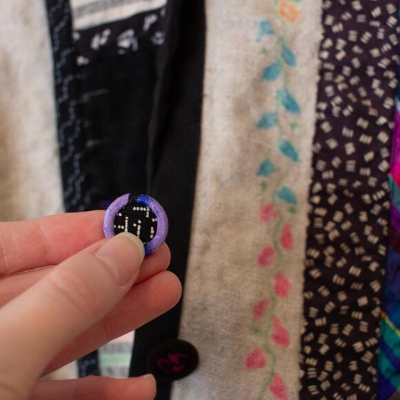 Linen Blend S VTG Lagenlook Lynn Murray Patchwork Pattern Art Boho Blazer FLAW - Picture 5 of 15